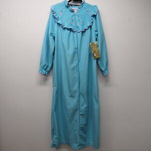 NWT Vintage Lara Dee By Charm Blue Fleece Robe Floral Embroidered Ruffle sz XL